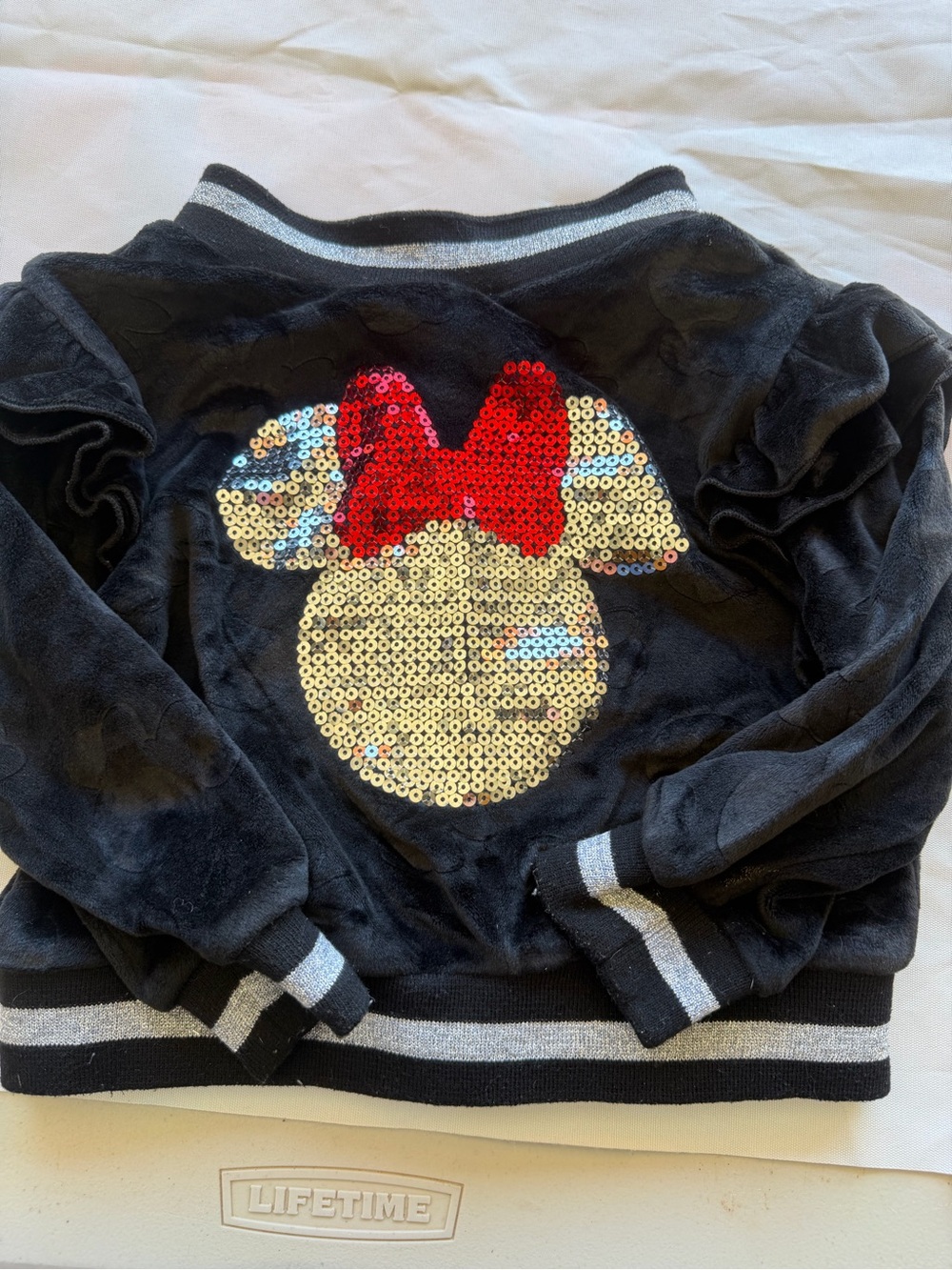 Disney Black Velour Sequin Minnie Jacket with Red Bow
